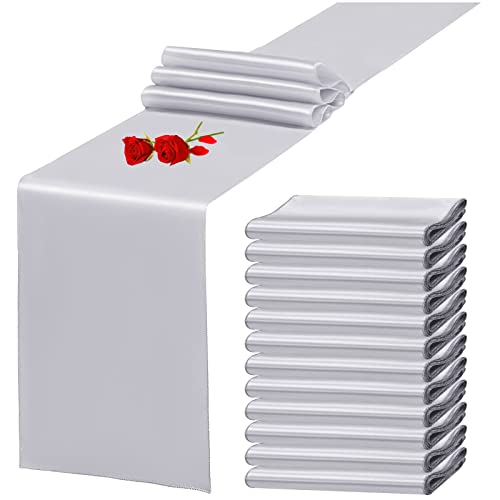 12 Pack Silver Satin Table Runner 12 X 108 Inch Long Premium Table Runners For Wedding Party Events Decoration，Birthday Parties, Banquets Decorations，Graduations, Engagements #TOP1