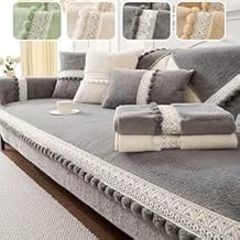 جيني طقم غطاء اريكة مخملي فاخر، 190 × 85 سم L و145 × 85 سم، مقاس M، تصميم حواف دانتيل مع تفاصيل بوم بوم، رمادي، 10 قطع