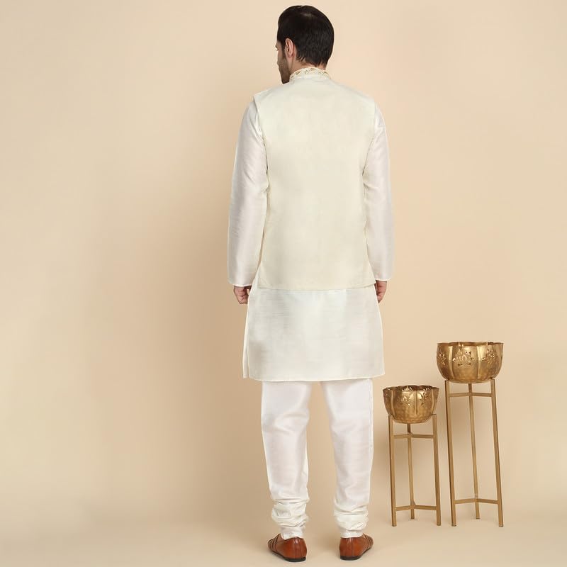 Image of KRAFT INDIA Men's Stylish Silk Kurta with Churidar & Nehru Jacket Set