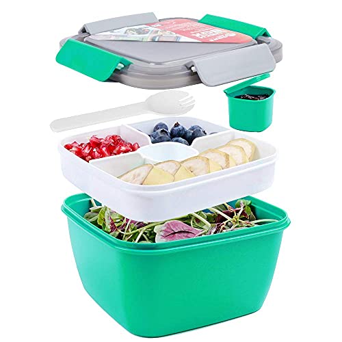 shopwithgreen 52 OZ to Go Salad Container Lunch Container, BPA-Free, 3-Compartment for Salad Toppings and Snacks, Salad Bowl with Dressing Container, Built-in Reusable spoon, Microwave Safe (Green)