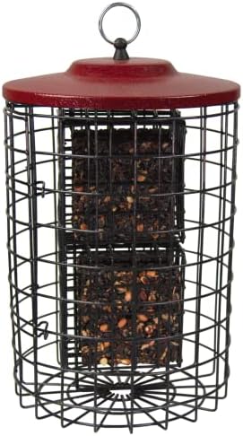 Squirrel Stopper Round 4 Cake Red Squirrel Proof Suet Feeder - Holds 4 Suet or Seed Cakes - Easy Open Cage - Squirrel Proof Bird Feeder with Hanging Metal Roof