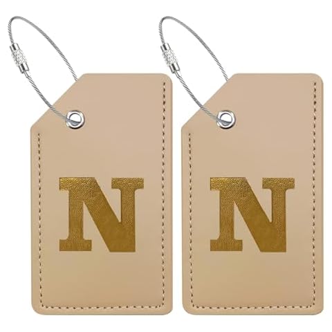 Mziart Luggage Tags for Suitcases, Initial Luggage Tag 2 Pack PU Leather Personalized Suitcase Tags Name ID Labels with Stainless Steel Loops Baggage Travel Bag Tags Cruise Essentials Gifts (Letter N) Cover