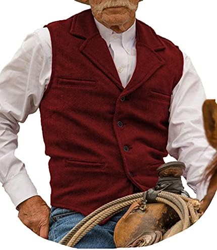 BYLUNTA Hunting Aged Mens Tweed Waistcoats Herringbone Vests Wedding Retro Casual Wool Business(Burgundy,S)