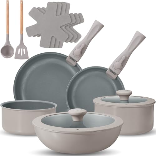 BEZIA 17-Teilig Topfset mit Abnehmbarer Griff, Pfannenset mit Keramik Antihaft Beschichtet, Induktion Töpfe Set für alle Herdarten, Stapelbar Topfset Induktion,Camping Kochgeschirr-Set,Ofenfest BEZIA 17-Teilig Topfset mit Abnehmbarer Griff, Pfannenset mit Keramik Antihaft Beschichtet, Induktion Töpfe Set für alle Herdarten, Stapelbar Topfset Induktion,Camping Kochgeschirr-Set,Ofenfest