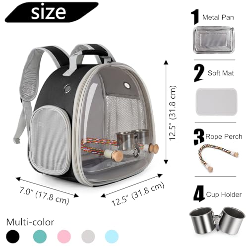 Image of Bird Travel Carrier Backpack, Metal Tray and Clamp Cups Bundle, Clear Bubble Window Space Capsule Astronaut Liked Vet Carry Book Bag to Carry and Transport Parakeet Parrot (Black, Metal Tray + Cups)