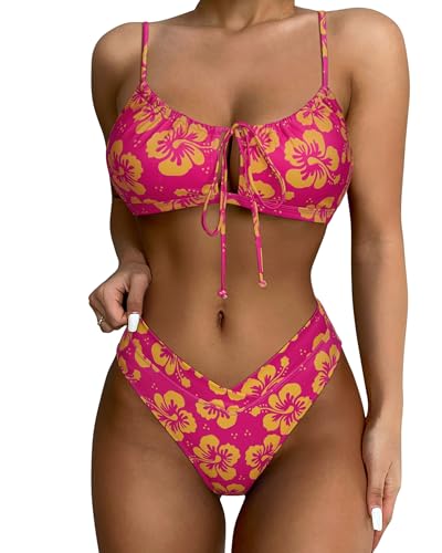 SUUKSESS Women High Waisted String Bikini Sets Sexy Two Piece Cheeky Cutout Swimsuits High Cut Bandeau Bathing Suit(Pink Yellow Floral,Small)