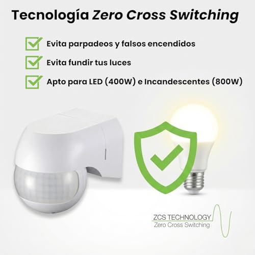 Detector de Movimiento Exterior e Interior IP44 - Sensor de Presencia Pared 180º y 12m - Interruptor Apto para LED con Ajuste Crepuscular y Temporizador (10s-15min) - Ideal Garaje, Jardín, Escaleras - imagen 2