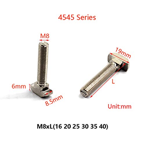 Image of M8X30 T Slot Bolt Carbon Steel Hammer Head Bolt for 4545 Series T Slot Aluminum Extrusion European Standard (20 Pieces)