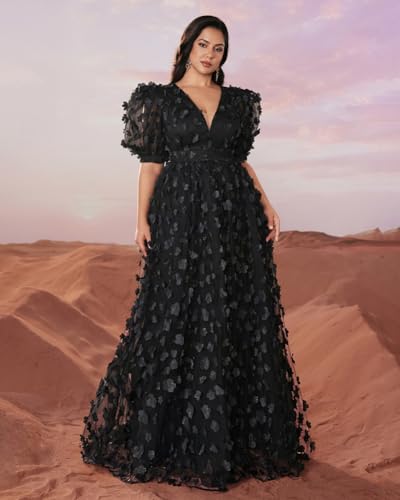 Women's Plus Size Puffy Sleeve V Neck A Line Floral Tulle Formal Maxi Dress Prom Evening Party Gowns Black4