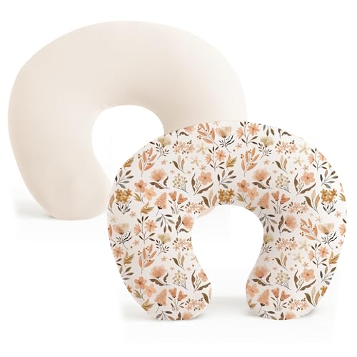 Image of Konssy 2 Pack Nursing Pillow Covers, Stretchy and Soft Nursing Cover for Breastfeeding Pillows, Pillow Slipcover for Baby Girls Boys Newborn (Beige,Watercolour-Flower)