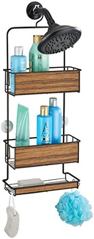 mDesign Practical Shower Caddy - Easy to Hang Shower Stand Without Drilling - Shower Basket with Shelves and Hooks for Shampoo, Conditioner, Soap and More - Bronze/Rosewood Finish