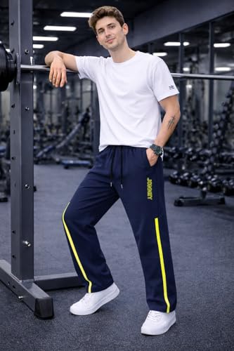 Image of Mack Jonney Men's Track Pants with Neon Yellow Side Stripe | Regular Fit Gym & Sports Lower | Activewear Training Joggers with Drawstring-M7961