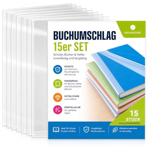 15x Buchumschlag DIN A4 transparent - Buchhülle & Umschlag durchsichtig & klar- für Bücher Hefte Buchschoner & Hefthülle