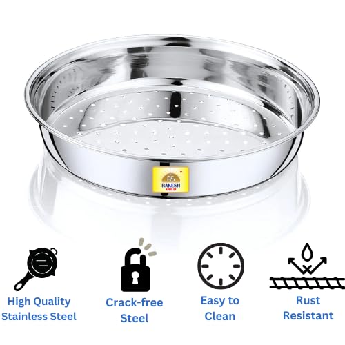 Image of Rakesh Gold Stainless Steel Colander & Strainer for Kitchen Use - Multi-Use Channi /Steel Chalni with Holes for Washing Rice, Fruits, Vegetables & Wheat (Regular Size) (Regular Size, Hole CHALNI)