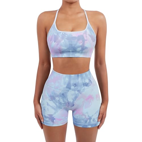 Image of SUUKSESS Women Seamless Workout Sets Strappy Sports Bra High Waist Booty Shorts Outfits