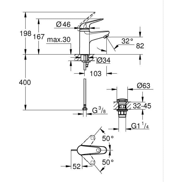 GROHE Swift QuickFix – bateria umywalkowa z zestawem odpływów wciskanych i blokadą bezpieczeństwa dla dzieci (rozmiar S 167 mm, wkład ceramiczny 28 mm, oszczędzający wodę, ogon 3/20.3 cm, łatwy montaż