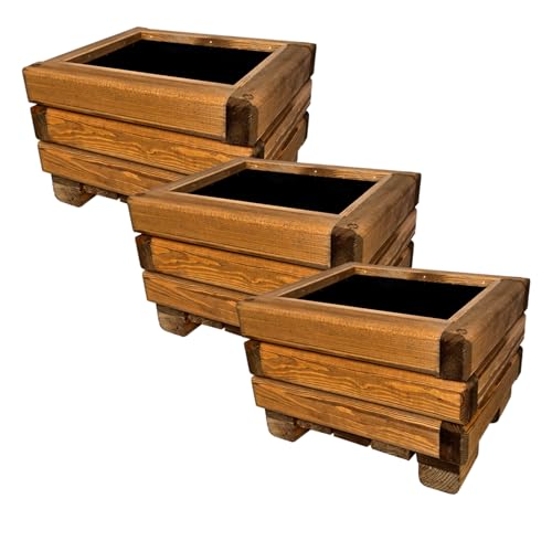 HolzGarden 3 Stück Set Pflanzkübel Holz Rechteckig 30x20x25 cm Imprägniert Farbe Teak Wetterfest Blumenkasten Blumentopf