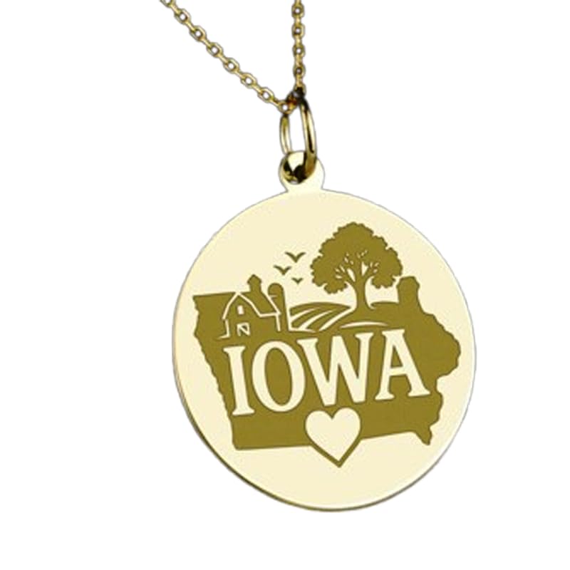 Collier pendentif rond gravé carte de l'Iowa argent sterling 925 plaqué or