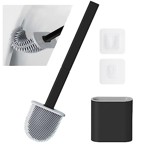 OPAHUTER Brosse de Toilette en Silicone et Support, Brosse WC en Silicone Souple, Ensemble de Brosse de Toilette en Silicone Noir avec Poignée en Silicone Antidérapante et Base Anti-Goutte