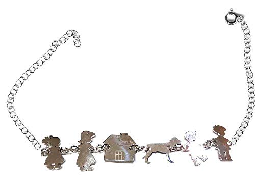 Bracelet famille en argent 925 réglable avec charms maison et chien gravés
