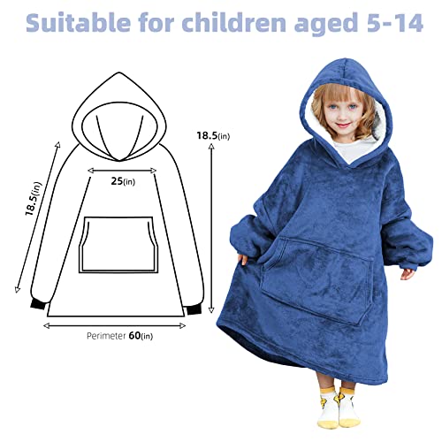 Wearable Blanket Hoodie For Kids， Oversized Sherpa Blanket Sweatshirt Super Soft Cozy Kids Wearable Blanket Gifts Fits For 5-14 Year Boys Girls (Navy) #TOP3