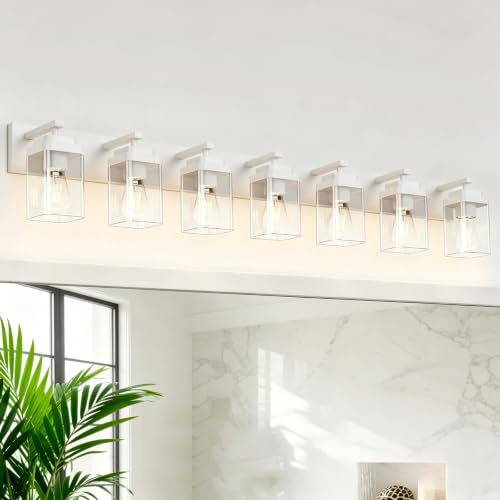 Image of White Bathroom Light Fixtures, 7 Lights Bathroom Lighting Fixtures Over Mirror, Square Design & Rectangle Large Backplate, Modern Vanity Lighting Fixtures, for Bathroom /Living Room /Bedroom