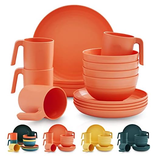 Kyraton Plastic Dinnerware Set of 16 Pieces, Unbreakable And Reusable Light Weight Plates Mugs Bowls Dishes Easy to Carry And Clean Microwave Safe BPA Free Dishwasher Safe Service For 4 (Orange)
