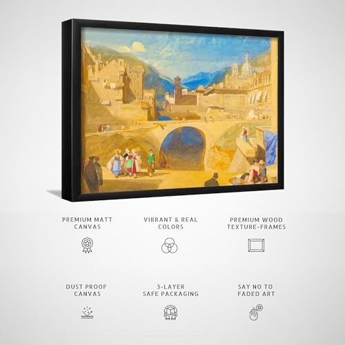 Image of ARTCREST Bridge in a Continental Town Canvas Wall Art with Black Frame | Scenic Landscape Painting for Living Room, Office Walls & Hallway Interiors | Large Decorative Canvas Wall Decor (24x36 Inches)