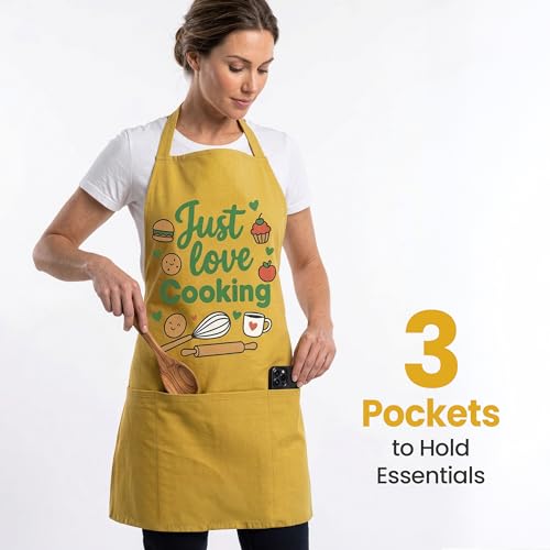 Image of Yellow Weaves Cotton Canvas Printed Kitchen Apron with Large Pockets, Cooking Apron for Men & Women, Durable Chef Apron for Cooking, Barista, Restaurant, Cafe Kitchen Apron