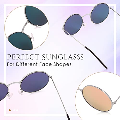 Blulu 10 Pairs Round Hippie Sunglasses Circle Colored Sunglasses 60's Style Glasses Circle Glasses for Women Men (Silver Frame)3