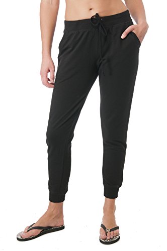 Khanomak Women's Drawstring French Terry Joggers with Front Pockets (Medium, Black)