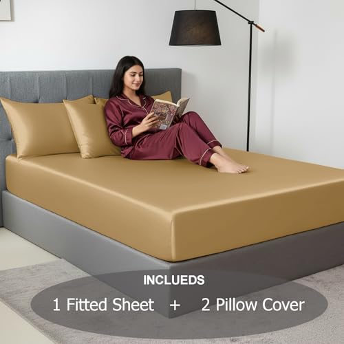 Image of Soft and Silk Satin Fitted Bedsheet for Queen Size 60X78 +12 in - Elastic Fitted Sheet 400 TC Hotel Collection for Bedroom | Fitted Sheet with Pillow Cover - Beige,