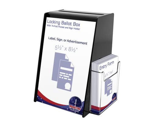 Locking Ballot Box With 4 Inch Wide Entry Form Pocket And Sign Holder Black Acrylic 5.75" X 5.5" X 8.75" Tip Collection Drop Box By Marketing Holders #TOP4