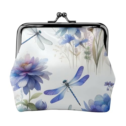 Pu Leather Buckle Coin Purse Watercolor-Flowers-Dragonflies Girls Kiss-Lock Change Purse Wallets