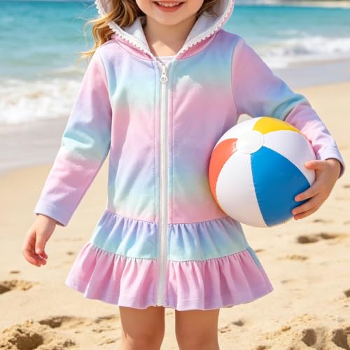 Image of Toddler Girl Swim Cover Up Long Sleeve Floral Zipper Hooded Swimsuit Little Kids Towel Beach Dress Bathing Suit