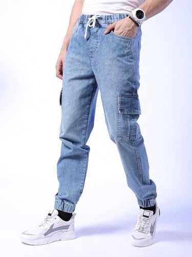 Image of The Indian Garage Co Men Regular Fit Solid Mid-Rise Stretchable Denim Cargo Joggers