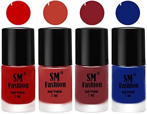 Image of Nail Polish Combo Set (Pack of 4) Quick Dry Gel Finish Nail Paint | Orange,Dark Peach,Plum,Blue | 7 ml Each