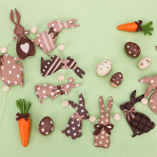 Image of Easter Felt Garland Brown Easter 3D Bunnies with Wooden Beads Banner Holiday Decorative Hanging Bunting Garland for Spring Home Mantel Fireplace Window Wall Decor