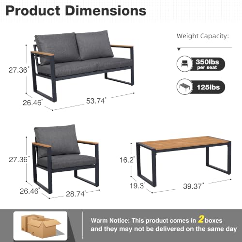 Image of Patio Furniture Set, 4 Pieces Outdoor Patio Furniture with Coffee Table Set, Metal Patio Conversation Sets with Washable and High-Resiliency Sponge Cushions,Upgarded Grey