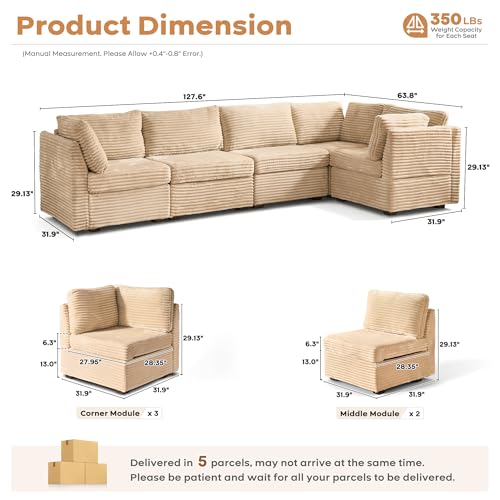 Image of ovios Modular Sectional Sofa Couch with V-Shape Chaise Convertible, Comfy Plush Corduroy Cloud Couches, Modern Luxury Deep Seat Sofas Set for Living Room, 5-Seater, Beige