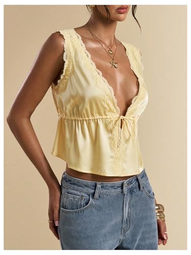 Women's Tie Front Deep V Neck Peplum Tops Lace Trim Sleeveless Satin Crop Tank Top2