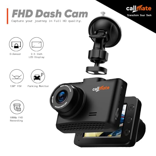 Image of CALLMATE Roadrunner Full HD 1080p Car Dashboard Camera, 2.5 inch LCD Display with AV Port for Parking Monitor (G-Sensor & Motion Detection) Upto 32GB External Memory Capacity (Black, Suction Lock)