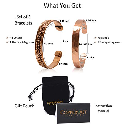 Copper Bracelets- for Men and Women| Set of 2 with Gift Box| Gift for Women & Men| Handmade 100% Copper (Hammered and Chain Inlay)3