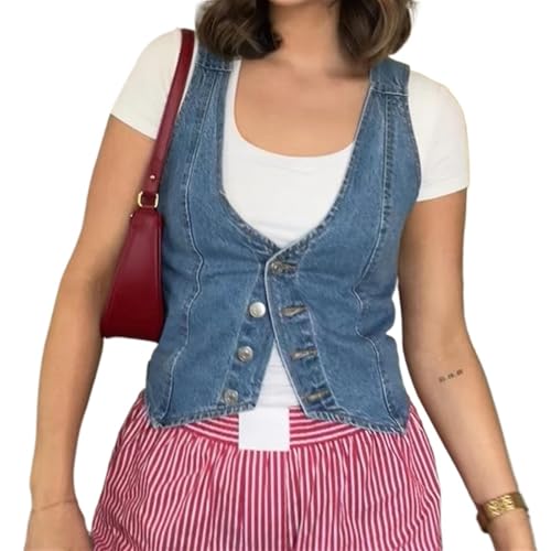 Jeans Crop Tops Waistcoat Denim Vest Single Breasted Button Sleeveless Slim Fit V-Neck Tank Tops Women Streetwear