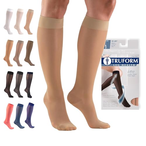 Truform Sheer Compression Stockings, 15-20 mmHg, Women's Knee High Length, 20 Denier, Light Beige, Large