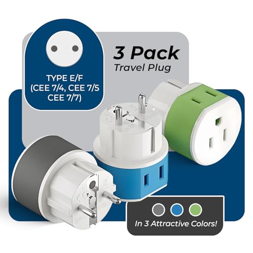 Image of OREI Germany, France, Schuko Power Plug Adapter with 2 USA Inputs - Travel 3 Pack- Type E /F (US-9) Safe Grounded Use with Cell Phones, Laptop, Camera Chargers, CPAP, and More