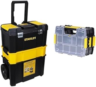 Essential Rolling Workshop Toolbox, 3 Tier Stackable Units, STST1-80151 & STST1-71197 "Sortmaster" Organizer Stackable, Multi-Colour, Set of 2 Piece