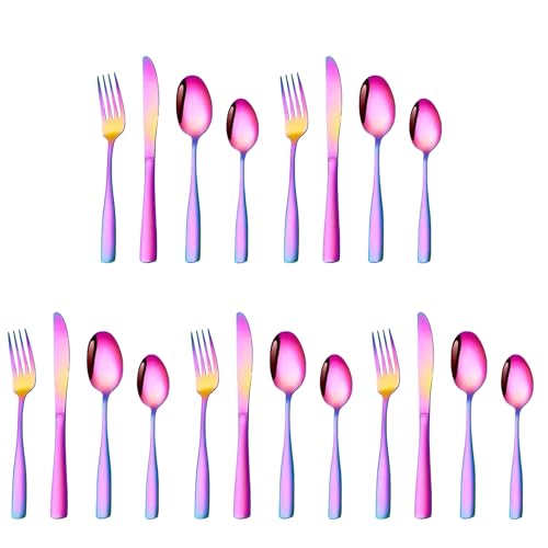Image of aDai Rainbow Silverware Set, Satin Finish | 20-Piece Stainless Steel Flatware Set | Dishwasher Safe Kitchen Cutlery for Home, Restaurant & Gifting