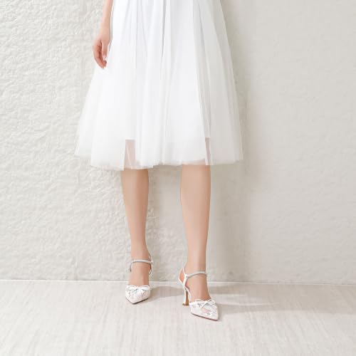Image of Susanny Women's Closed Toe Rhinstone Wedding Low Heel Slingback Clear Kitten Heels,Adjustable Strap Pointed Toe Bow Pumps High Heeled Prom Dress Shoes