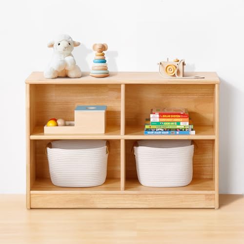Image of OOOK Rubber Wood 4-Compartment Wooden Storage Cabinet, 35.4 inch L, 2-Tier Toy Organizers and Storage, Montessori Shelf for Kids Room, Playroom, Nursery, Classroom, Kindergarten